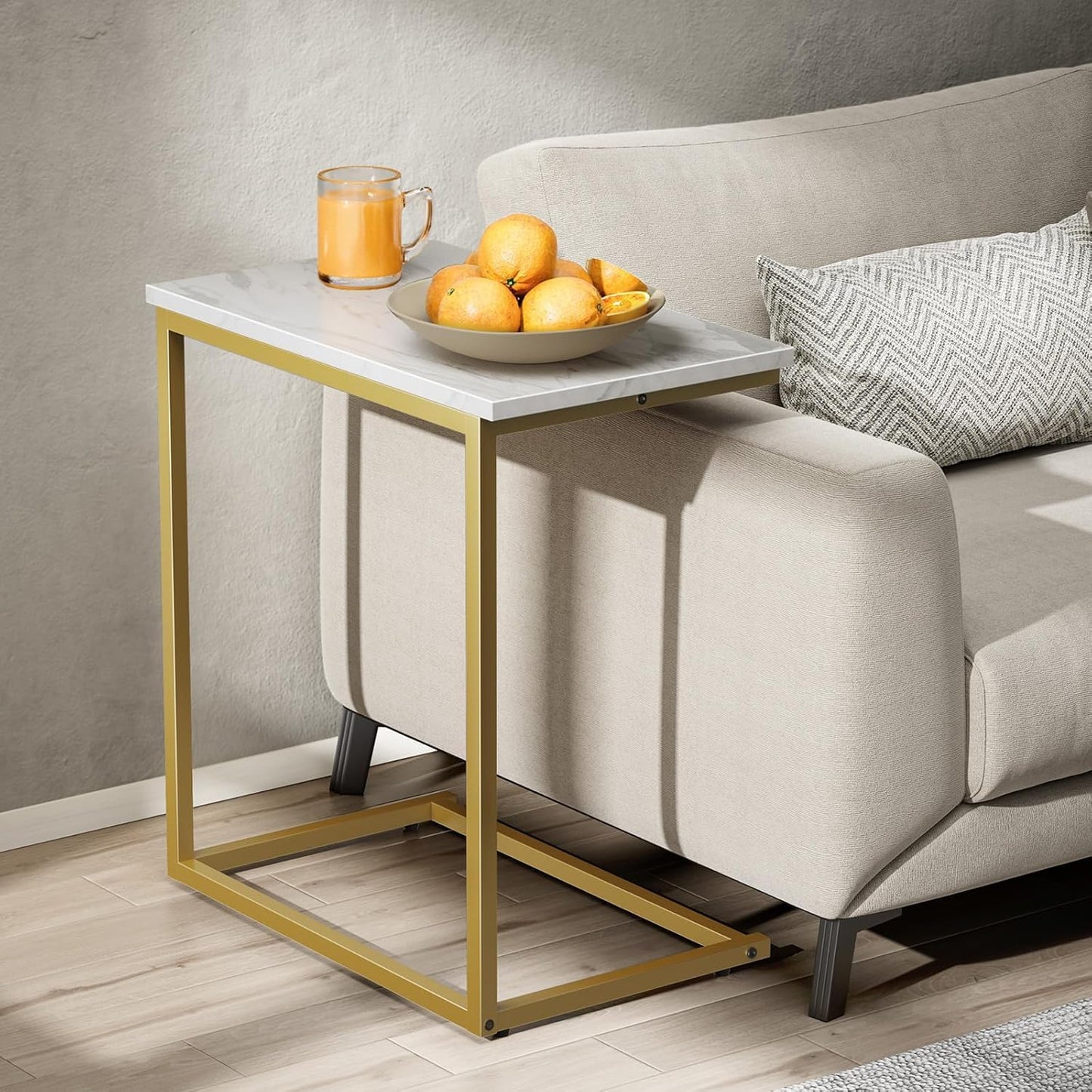 Pipishell C Shaped End Table - Modern Marbling Wood Top | 27-Inch Sofa Side Table for Living Room