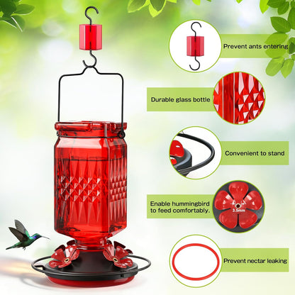 Skiennix 20oz Glass Hummingbird Feeder - Outdoor Hanging Design with Bee Guard & Ant Moat | Red (2 Pack)