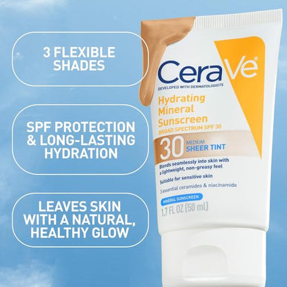 CeraVe Hydrating Mineral Sunscreen SPF 30 - Tinted Zinc Oxide Formula for a Healthy Glow | Medium, 1.7 oz