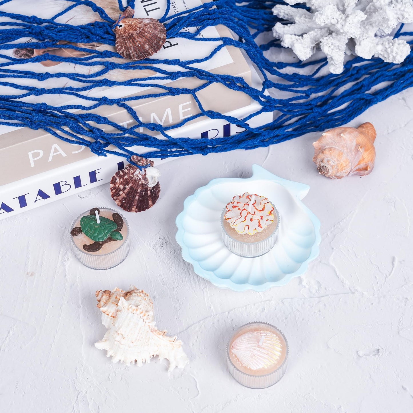 Set of 9 Handmade Unscented Ocean Theme Tealight Candles with Reusable Ribbed Cups, 5H Clean Burn, Ideal for Summer, Party, Meditation, Spa and Home Decor