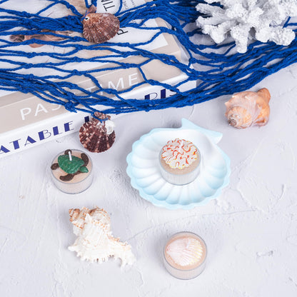 Set of 9 Handmade Unscented Ocean Theme Tealight Candles with Reusable Ribbed Cups, 5H Clean Burn, Ideal for Summer, Party, Meditation, Spa and Home Decor