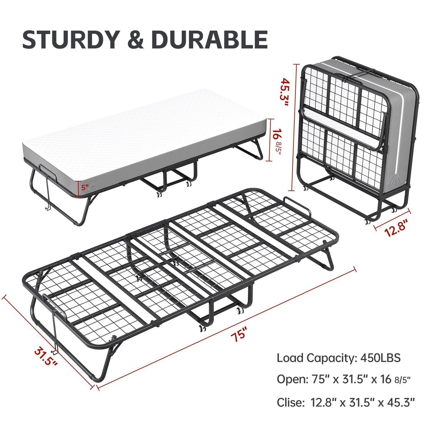 INTERGREAT Folding Bed with Mattress, Roll Away Beds with Mattress for Adults, Single Cot Foldable Rollaway Beds, 75" x 31" Portable Bed for Easy Storage, Strong Frame for Guest Room, Small Apartment