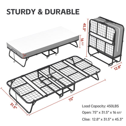 INTERGREAT Folding Bed with Mattress, Roll Away Beds with Mattress for Adults, Single Cot Foldable Rollaway Beds, 75" x 31" Portable Bed for Easy Storage, Strong Frame for Guest Room, Small Apartment