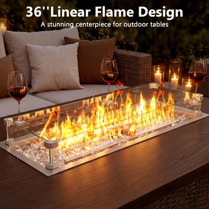 GRISUN Upgraded 36" x 12" Drop-in Fire Pit Burner Kit, Gas Fire Pit Kit with Glass Wind Guard & Lid, Linear Fire Pit Pan Insert with Spark Ignition for Fire Pit Tables