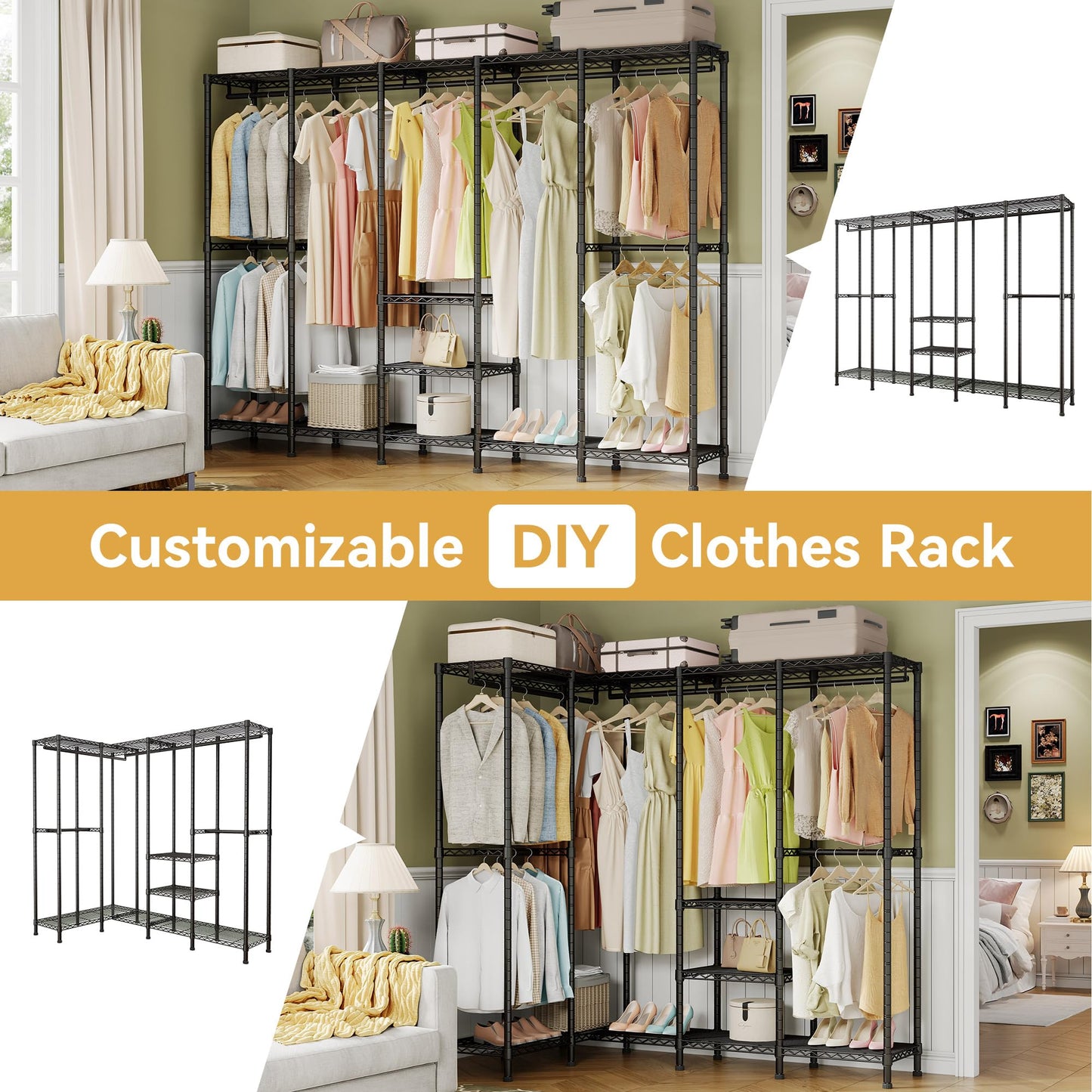 Higeego H5 Extra Large Wire Garment Rack, Heavy Duty Clothes Rack, Freestanding Clothing Rack for Hanging Clothes, Wardrobe Closet with Adjustable Shelf, 93.3" Wx15.7 Dx75.4 H, Black, Load 1400 lbs