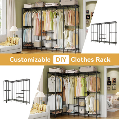 Higeego H5 Extra Large Wire Garment Rack, Heavy Duty Clothes Rack, Freestanding Clothing Rack for Hanging Clothes, Wardrobe Closet with Adjustable Shelf, 93.3" Wx15.7 Dx75.4 H, Black, Load 1400 lbs
