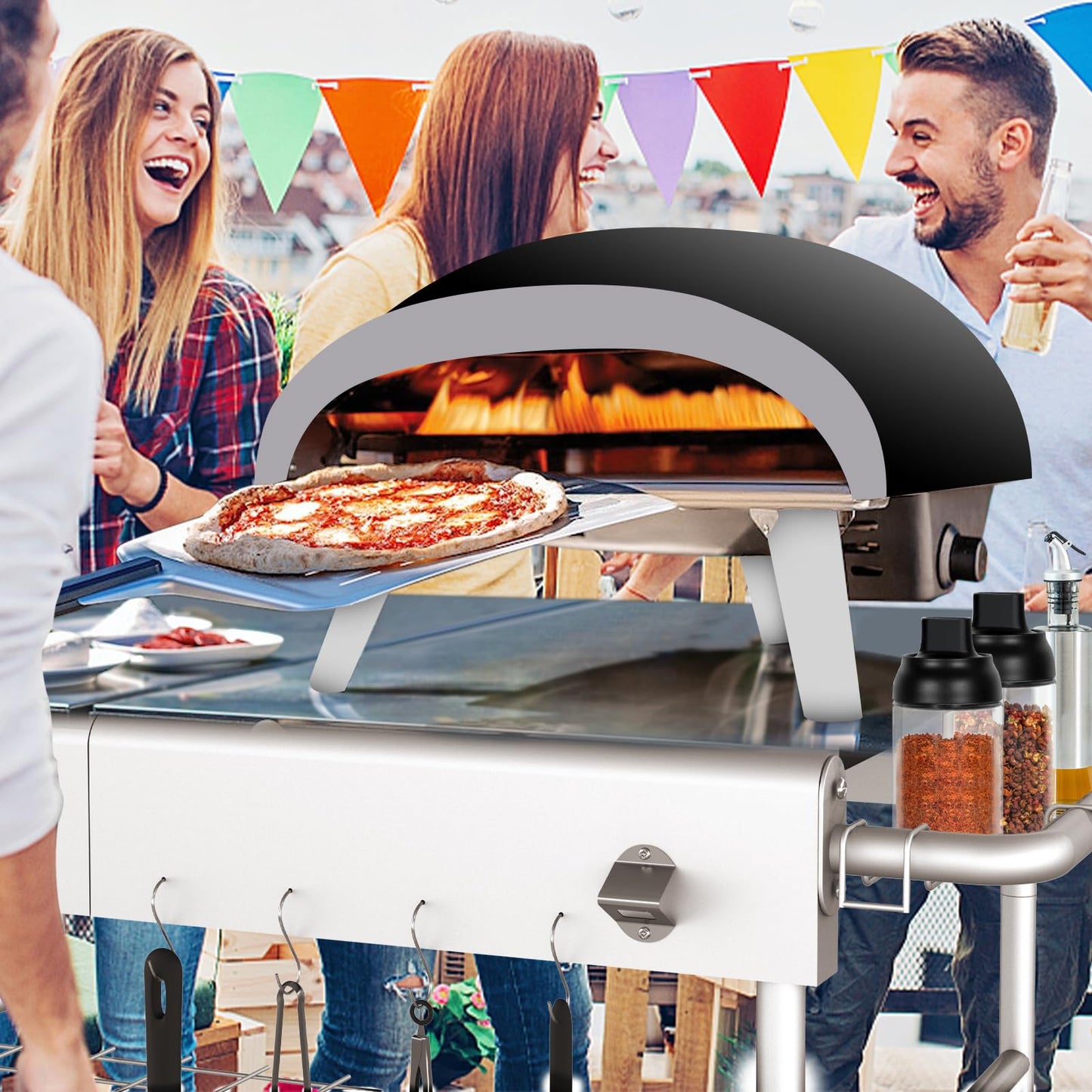 Pizza Oven Table Grill Cart with Topping Station, Grill Table Stand with Wheels for Ninja, Blackstone Griddle, Ooni, Gozney, Cuisinart, Heavy Duty BBQ Prep Cart with Storage Shelf and Hooks