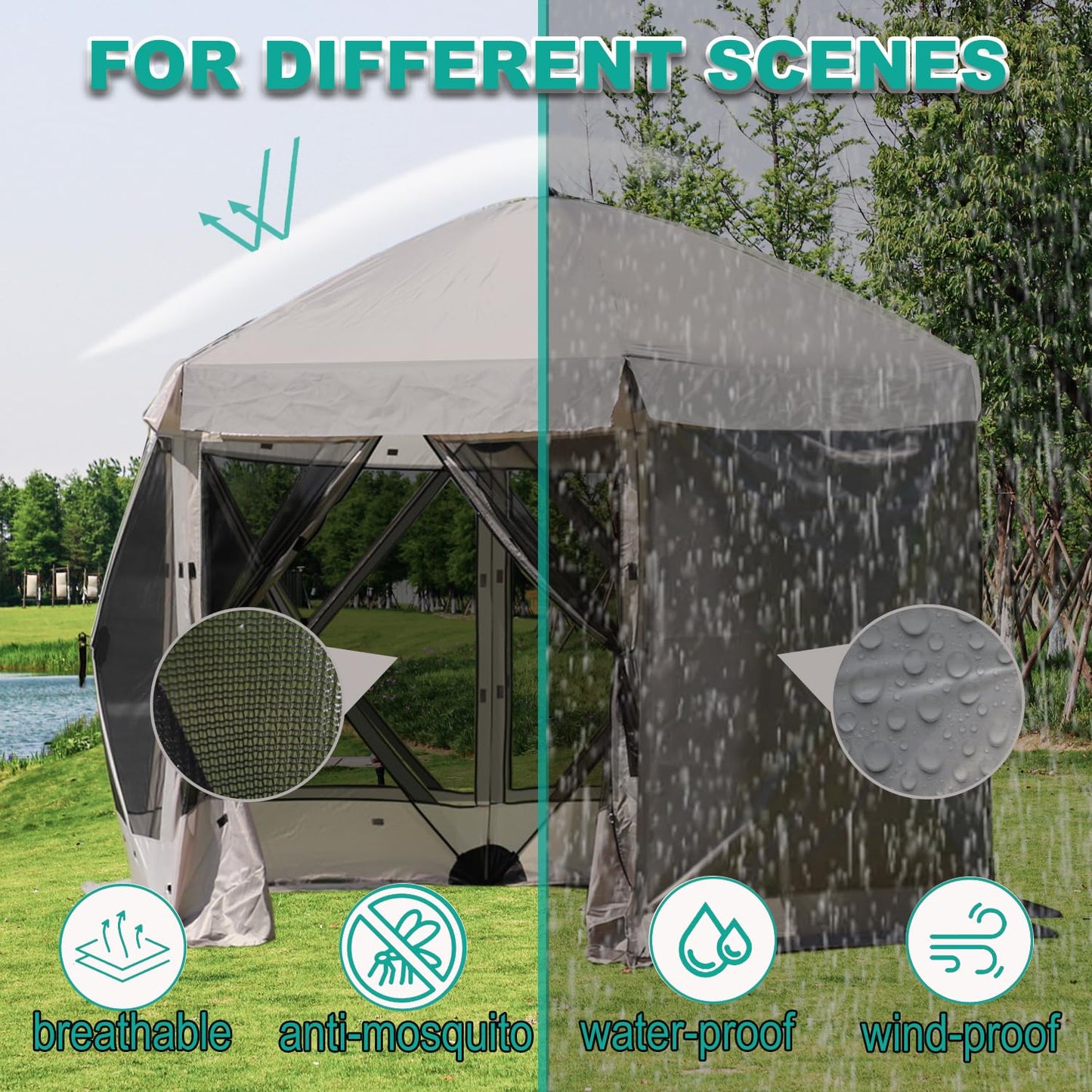 Lenotos Pop Up Screen Tent, 12'x12' Windproof & UV Protection Sun Shelter, Portable Instant Setup, 6-Sided Screen Tent for Picnic, Camping, Backyard, Outdoor (Grey)