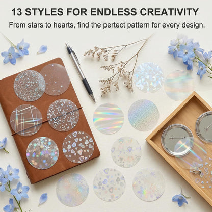 DAWZMR 390 Pcs Holographic Badge Film (13 Styles), Glitter Button Making Supplies for 2.25 Inch 58mm Machine, Round Badge Protective Film (Stars, Hearts, Broken Glass)