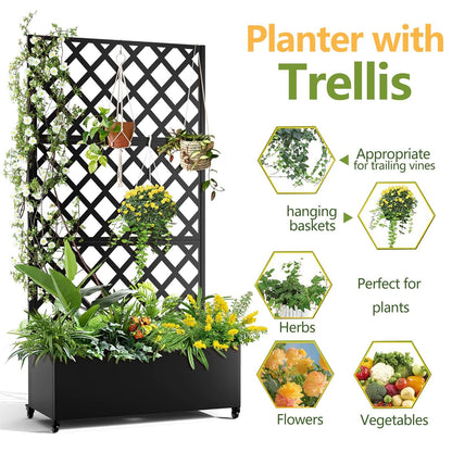 IDEALHOUSE Metal Planter Box with Trellis, 72"x35"x15.7" Galvanized Raised Garden Bed on Wheels with Drainage Holes, Outdoor Planter for Climbing Plants Vines & Privacy Screen, Diamond Lattice