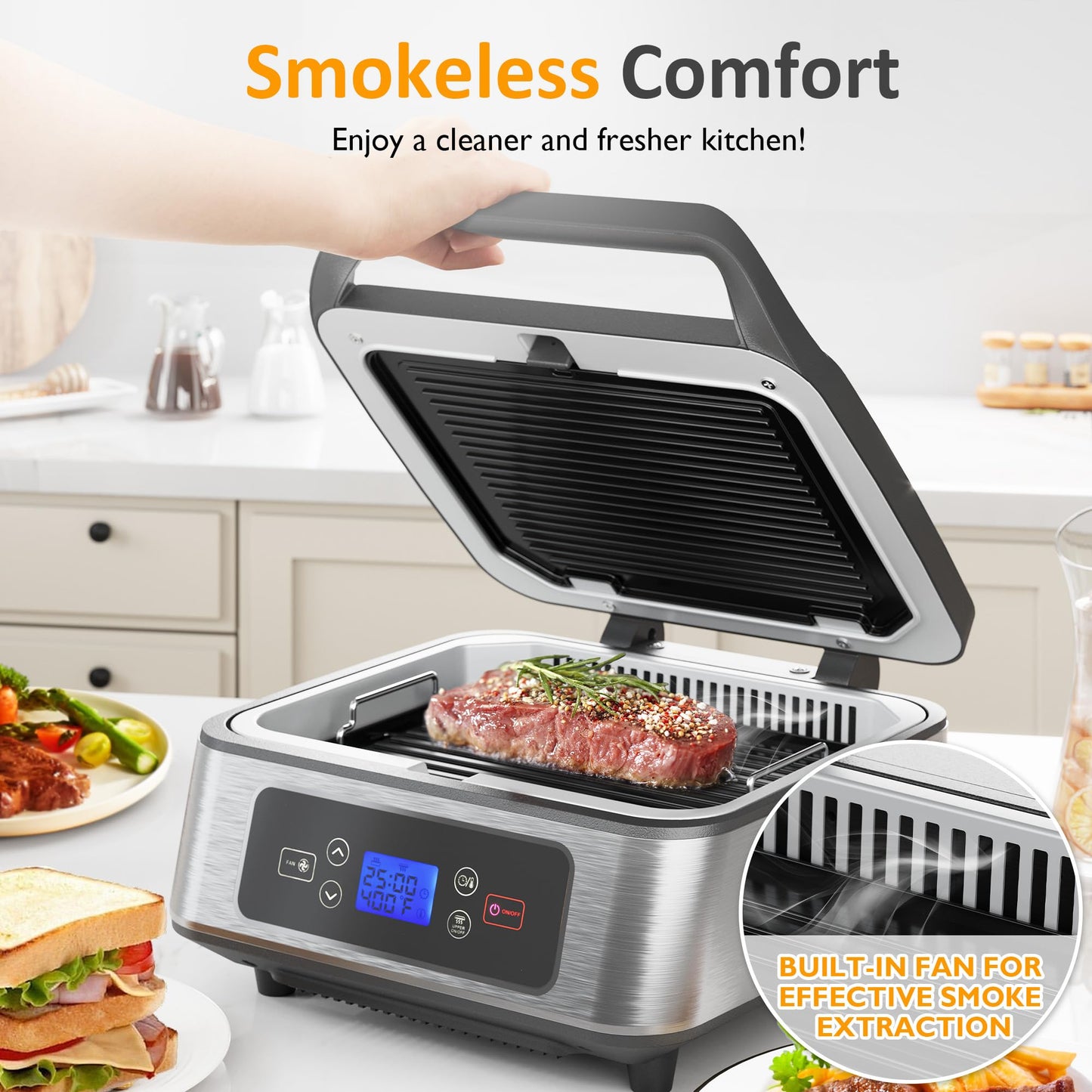 SUNVIVIPRO Electric Panini Press Sandwich Maker, 1300W Smokeless Indoor Grill with Removable Non-Stick Plates, Auto-Lift, Fan, Independent Upper Heating, Smart Time & Temperature Control, Silver