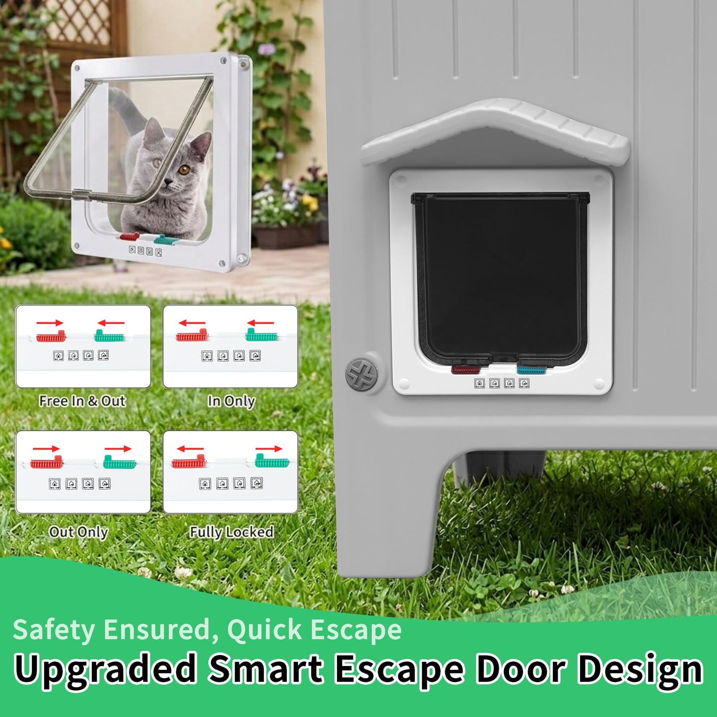 Rockever Outdoor Cat House for Summer, Elevated Waterproof Pet Shelter with Breathable Insulated Liner, Comfortable Outdoor Cat Home with Escape Door, All-Season Shelter for Cats (M,Grey&Heating Pad)