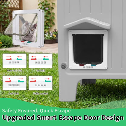 Rockever Outdoor Cat House for Summer, Elevated Waterproof Pet Shelter with Breathable Insulated Liner, Comfortable Outdoor Cat Home with Escape Door, All-Season Shelter for Cats (M,Grey&Heating Pad)