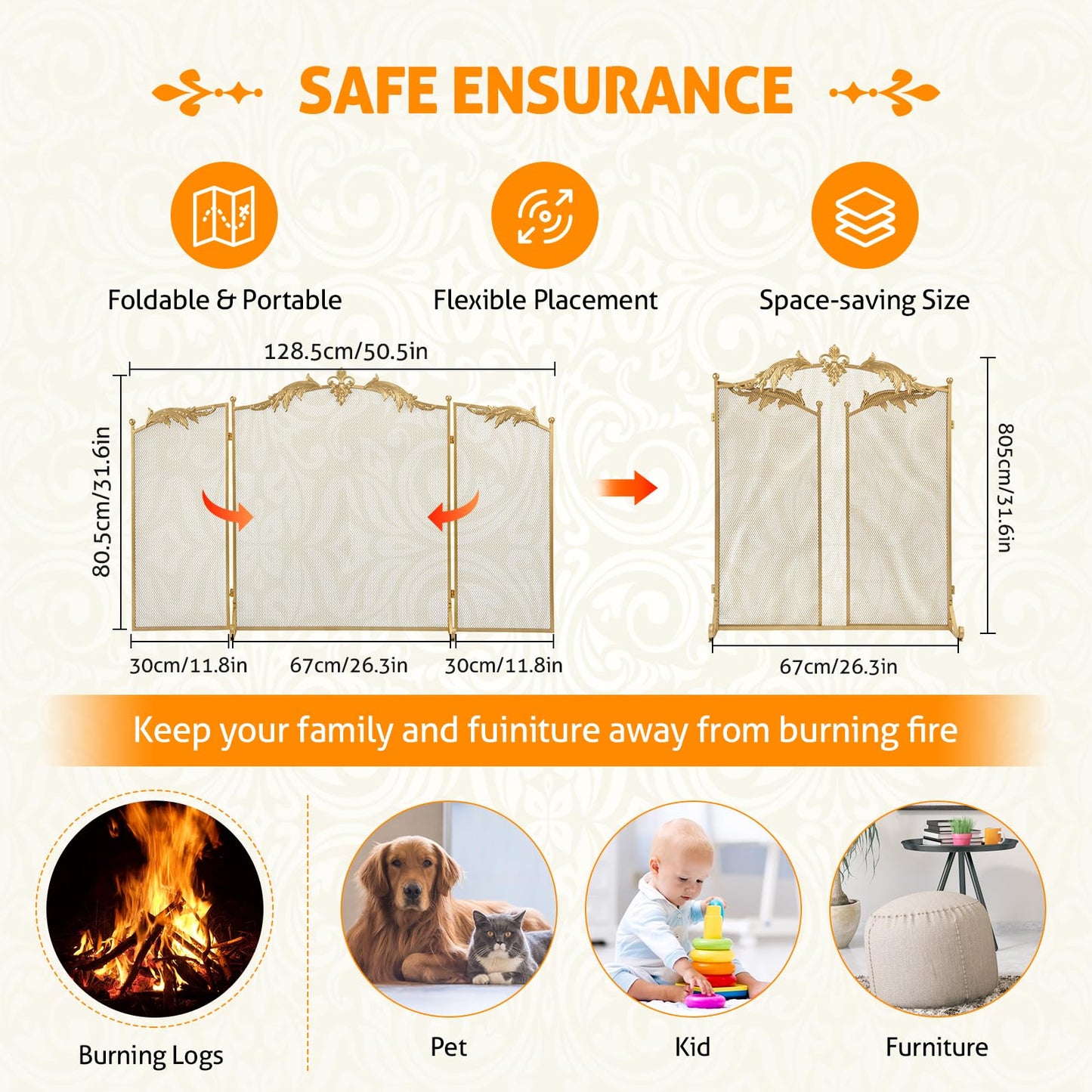 WICHEMI Fireplace Screen 3 Panel Folding Fireplace Screens 50.4 x 32.3 Inch Metal Furnace Fireguards Mesh Cover Baby Safe Proof Fence Spark Guard Cover Wrought Iron Fire Place Standing Gate (Golden)