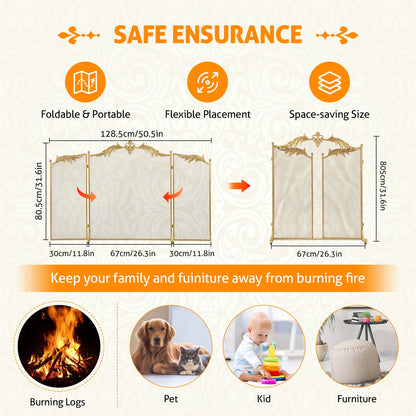 WICHEMI Fireplace Screen 3 Panel Folding Fireplace Screens 50.4 x 32.3 Inch Metal Furnace Fireguards Mesh Cover Baby Safe Proof Fence Spark Guard Cover Wrought Iron Fire Place Standing Gate (Golden)