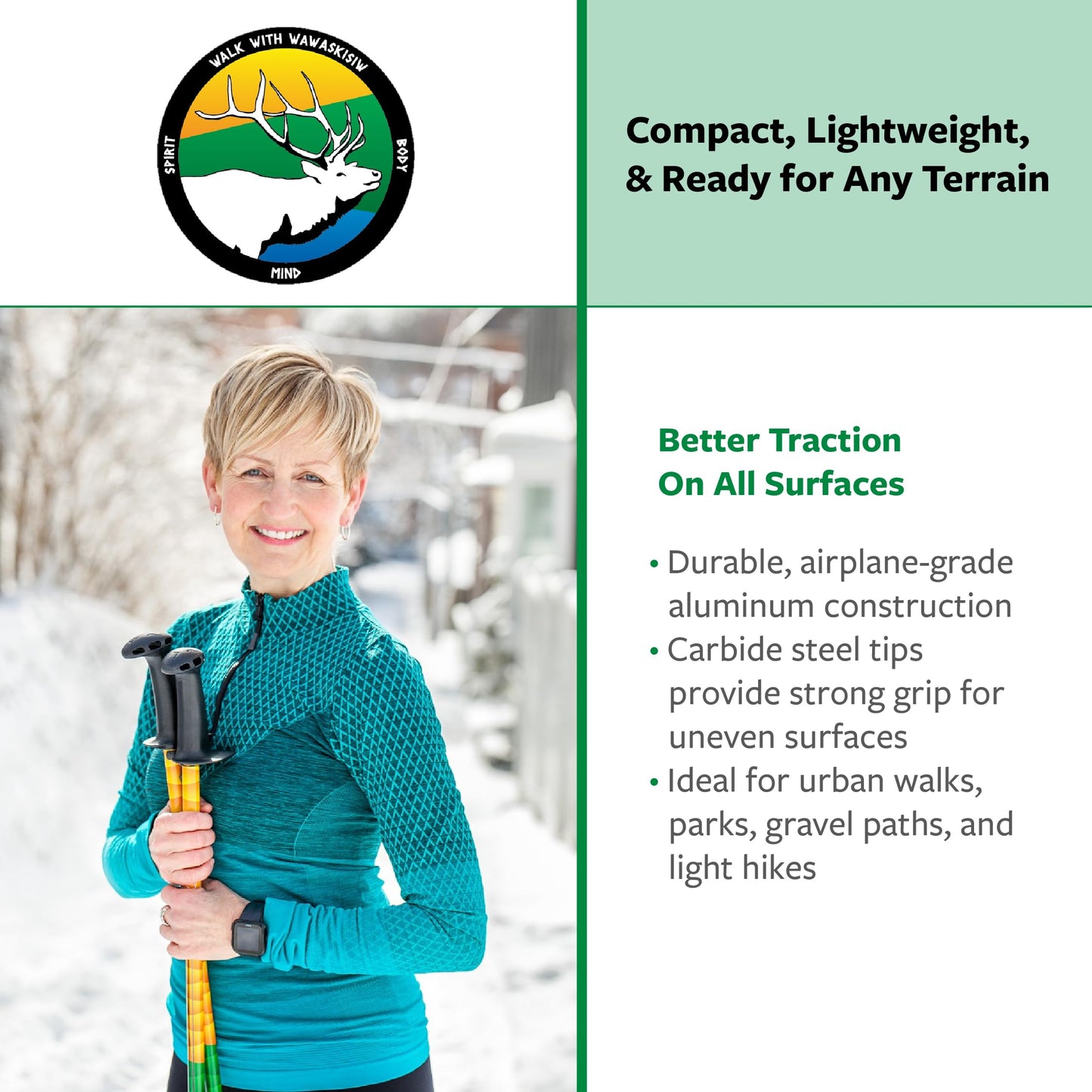Urban Poling Spirit Nordic Walking Poles Adjustable Walking Poles with Snow Baskets, Ergonomic CoreGrip, Lightweight Collapsible Walking Sticks for Outdoor Walking and Fitness