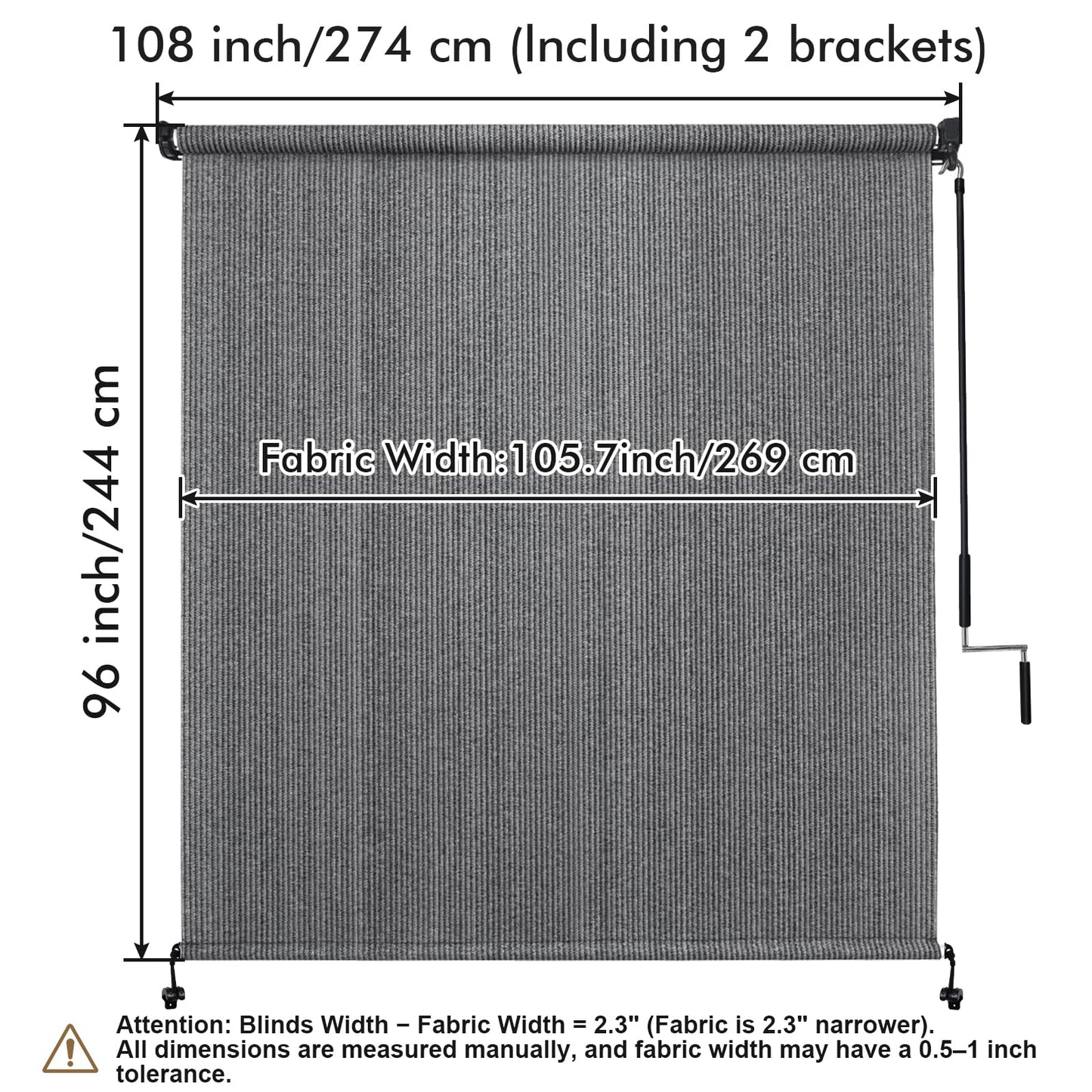 Artpuch Outdoor Roller Shade 9' W x 8' H, Gray Exterior Cordless Patio Shades Roll Up Blinds with Spliced Pole Design, One-Piece Fabric