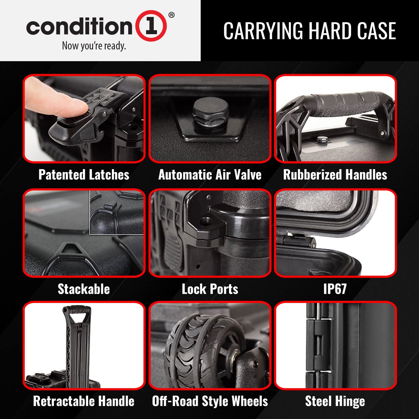 Condition 1 31" Large Waterproof Rolling Hard Travel Case Model 1258 with Wheels, Plastic Lockable, for Electronics, Tactical Gear, Made in USA, 31.6"x20.1"x12.66" Black