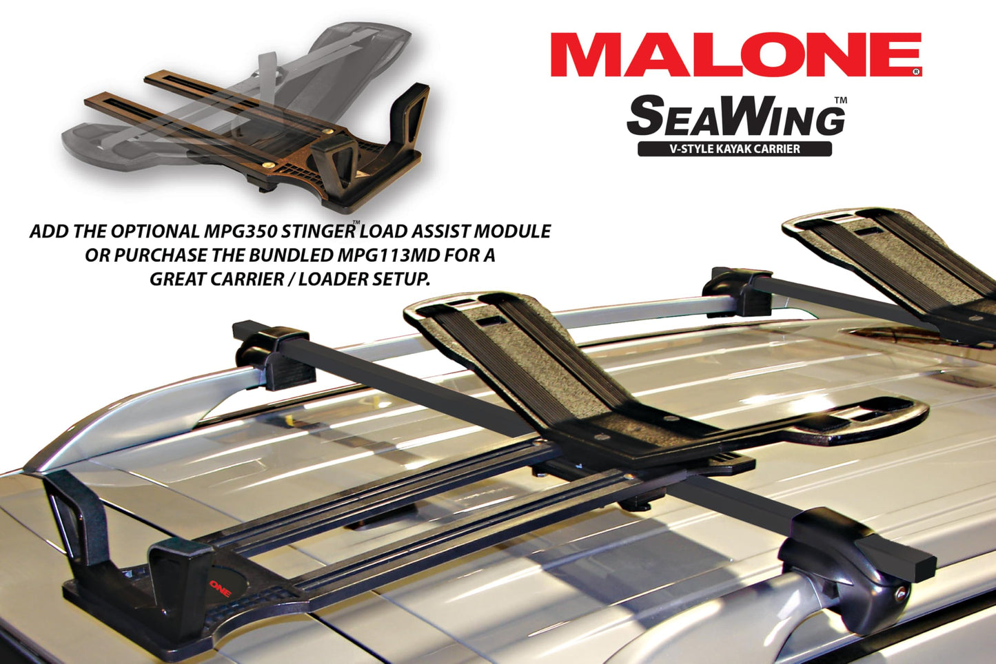 Malone SeaWing Saddle Style Universal Car Roof Rack Kayak Carrier with Bow & Stern Tie-Downs – 70 lb Capacity, V-Style Cradles, No-Tool Install, Jawz Mount, Corrosion-Resistant Nylon