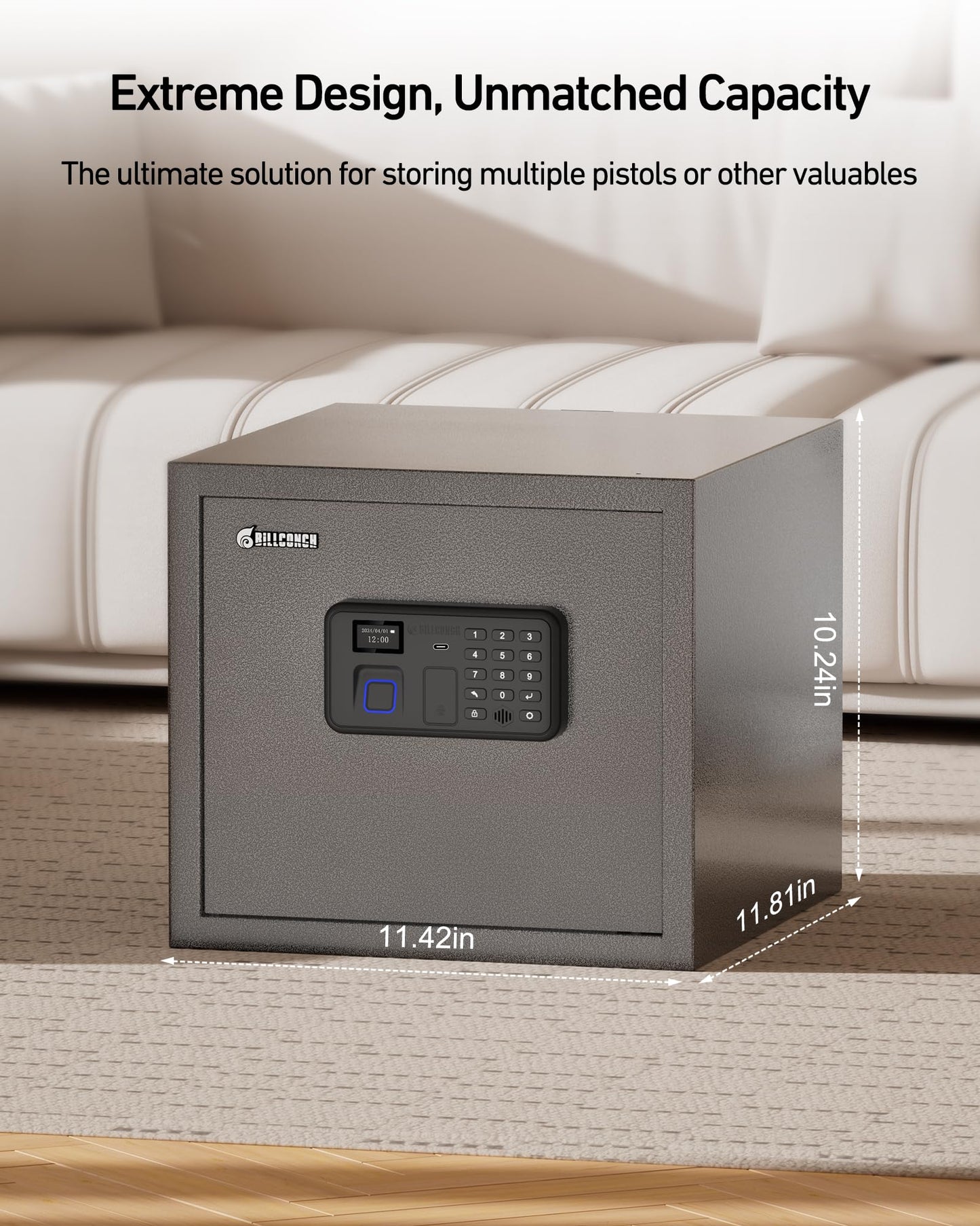 Billconch Smart Gun Safe for Multiple Pistols - Automatic Lock Safe Box with LCD Display/Voice Guide, Quick Access Unlock with Fingerprint/Keypad/Key/App, Biometric Handgun Safe for Money Valuables