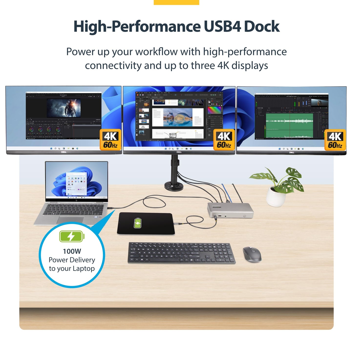 StarTech USB-C Docking Station (USB4), Triple 4K 60Hz Monitors, Up to 100W Laptop Charging, 2.5GbE, Driverless, Not macOS Compatible