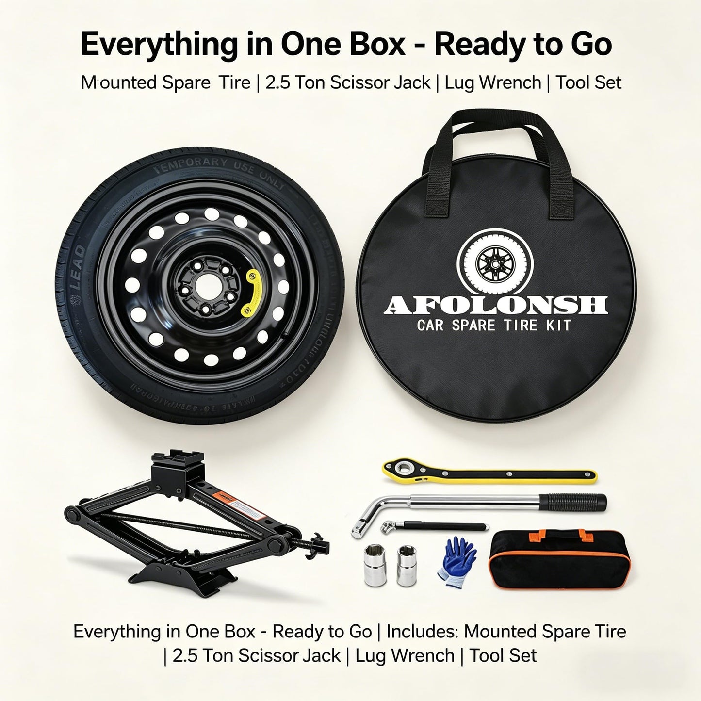 Spare Tire Kit Compatible with 2016-2025 Chevrolet Malibu | 135/70R18 Compact Donut Spare | Complete Roadside Kit Includes Scissor Jack, Lug Wrench & Storage Bag – Fits Under Trunk Floor