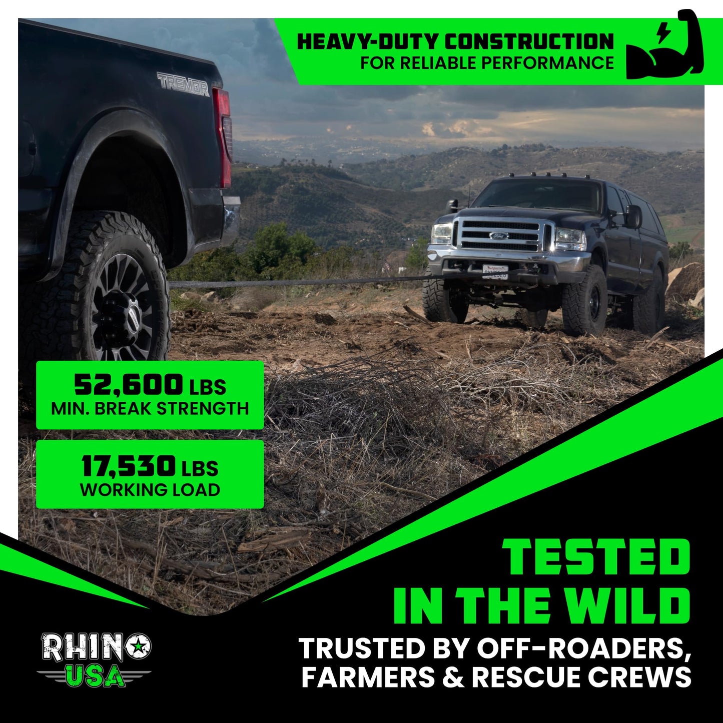 Rhino USA Kinetic Recovery Tow Rope Heavy Duty Offroad Snatch Strap for UTV, ATV, Truck, Car, Tractor - Ultimate Elastic Straps Towing Gear - Backed for Life! (1.25" x 30' Black)