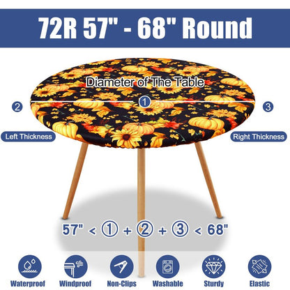 Moosfor Round Spandex Thanksgiving Tablecloth, Elastic Fitted Waterproof Tablecloths for 57"-68" Tables, Stretch Washable Picnic Table Cover for Autumn Harvest Parties, Pumpkin Sunflower
