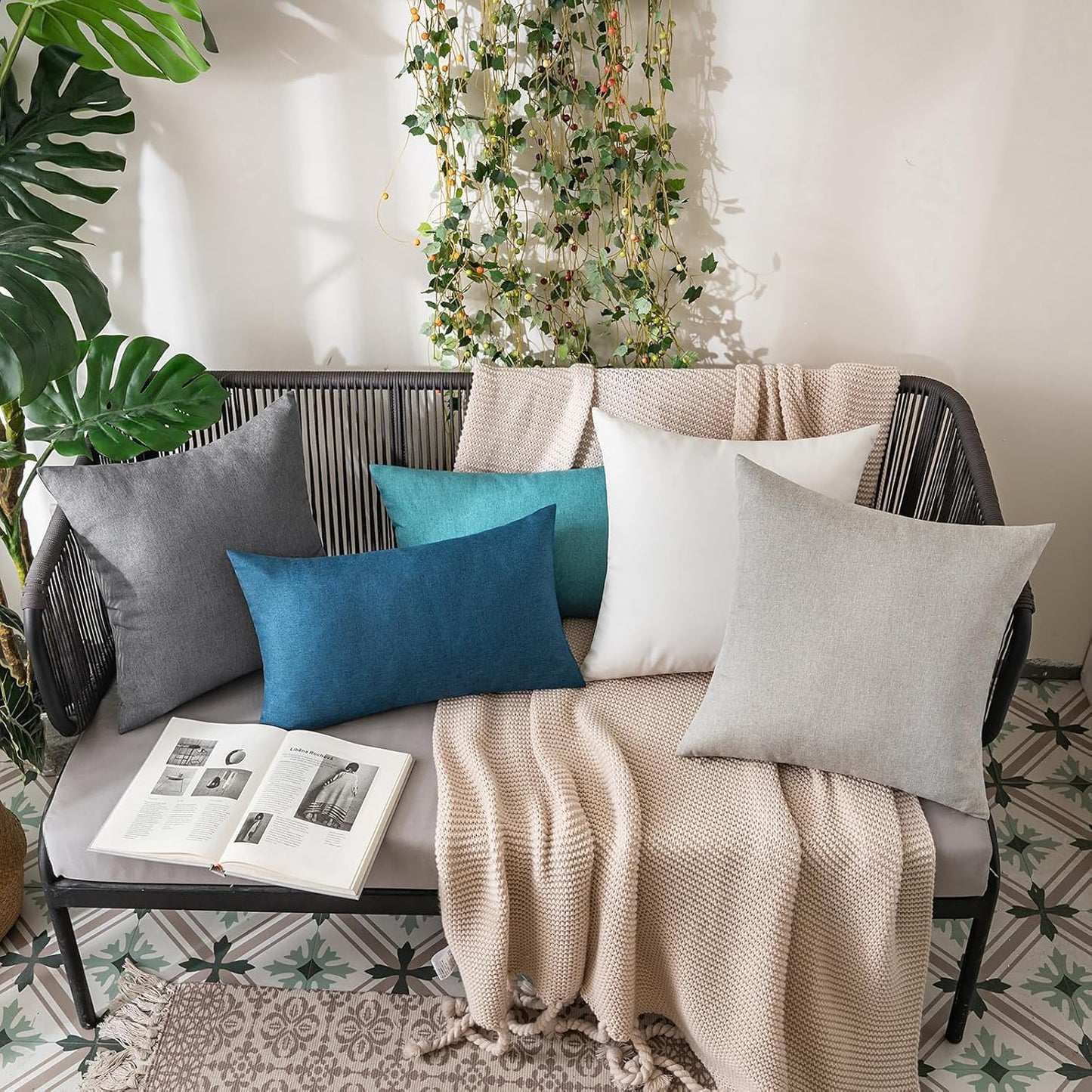 MIULEE Decorative Outdoor Throw Pillow Covers - Waterproof Faux Linen Cushion Cases | 22x22 Inch Light Grey (Pack of 2)