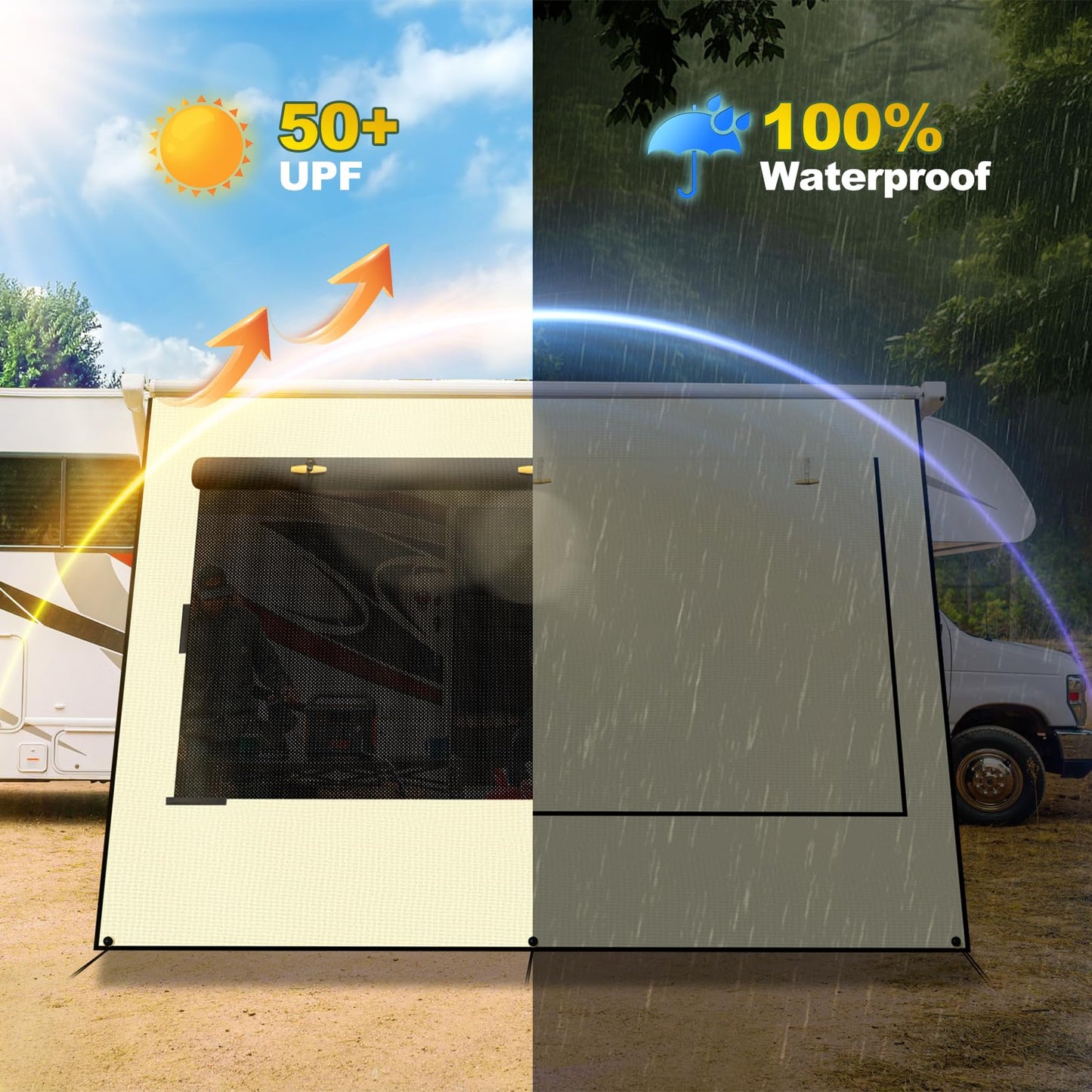 Upgraded RV Awning Sun Shade Screen with Privacy Curtain | UV Protection & Waterproof Polyester Fabric | Easy Installation for Campers, Trailers, Motorhomes (Beige, 8'X15'3'' for 16 ft Awning)