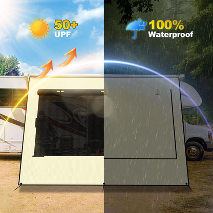 Upgraded RV Awning Sun Shade Screen with Privacy Curtain | UV Protection & Waterproof Polyester Fabric | Easy Installation for Campers, Trailers, Motorhomes (Beige, 8'X15'3'' for 16 ft Awning)