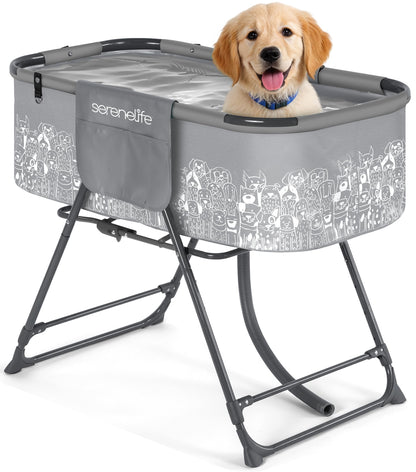 SereneLife Foldable Dog Bath Tub with Adjustable Height, 360° Access, Drain Hose & Storage Pockets – 130 lb Capacity Grooming Station for Indoor/Outdoor Use (Gray)
