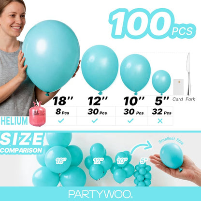 PartyWoo Teal Balloons 100pcs Different Sizes Pack of 18 12 10 5 Inch Turquoise Dark Teal Balloon Arch Kit for Baby Shower Gender Reveal Graduation Mermaid Birthday Pool Party Decorations Blue-Y69