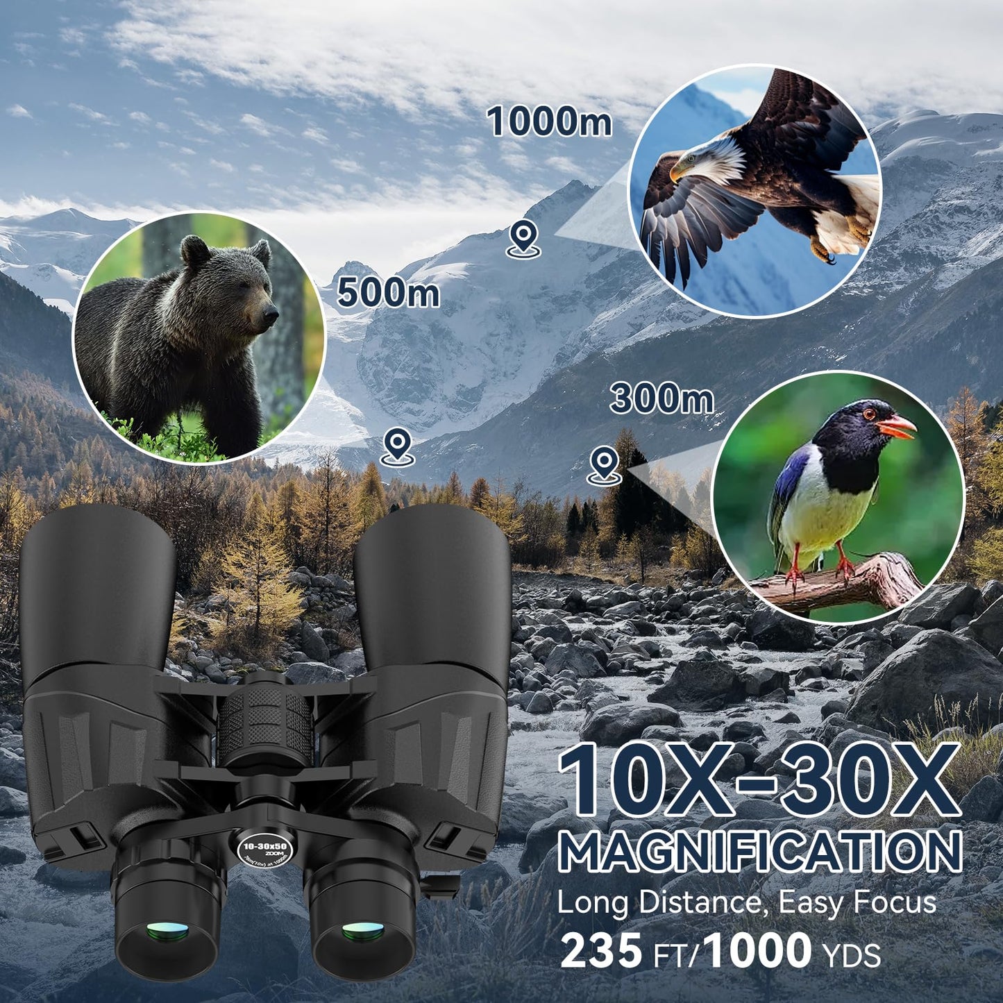 10-30X50 High Powered Zoom Binoculars for Adults - Professional Military HD Binoculars with BAK4 Prism/FMC Lens/Large View/Waterpoof/Low Light Night Vision for Bird Watching, Hunting, Outdoor, Hiking