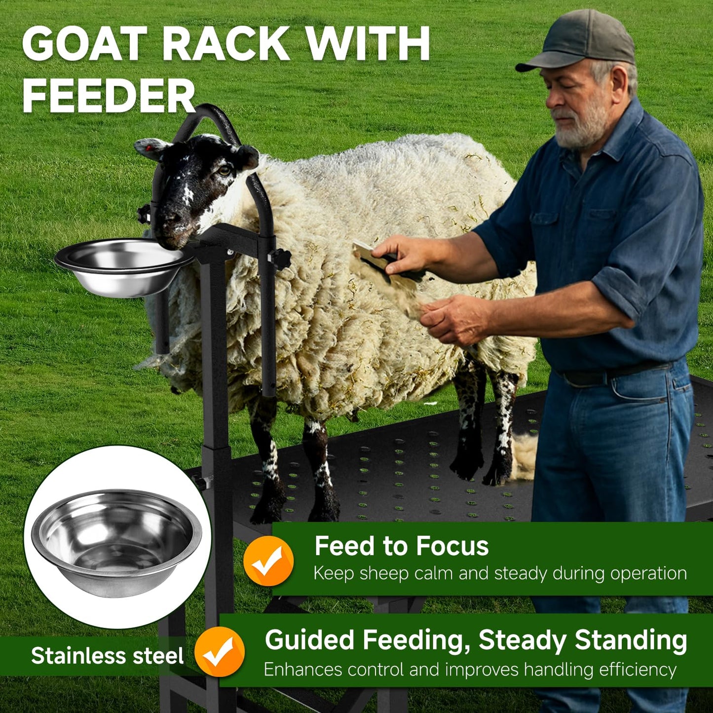 Professional Goat Milking Stand with Ramp, 600LBS Heavy Duty Foldable Livestock Trimming Platform, Metal Grooming Stand with Adjustable Headpiece & Stainless Steel Feeder for Nubian & Dwarf Goats