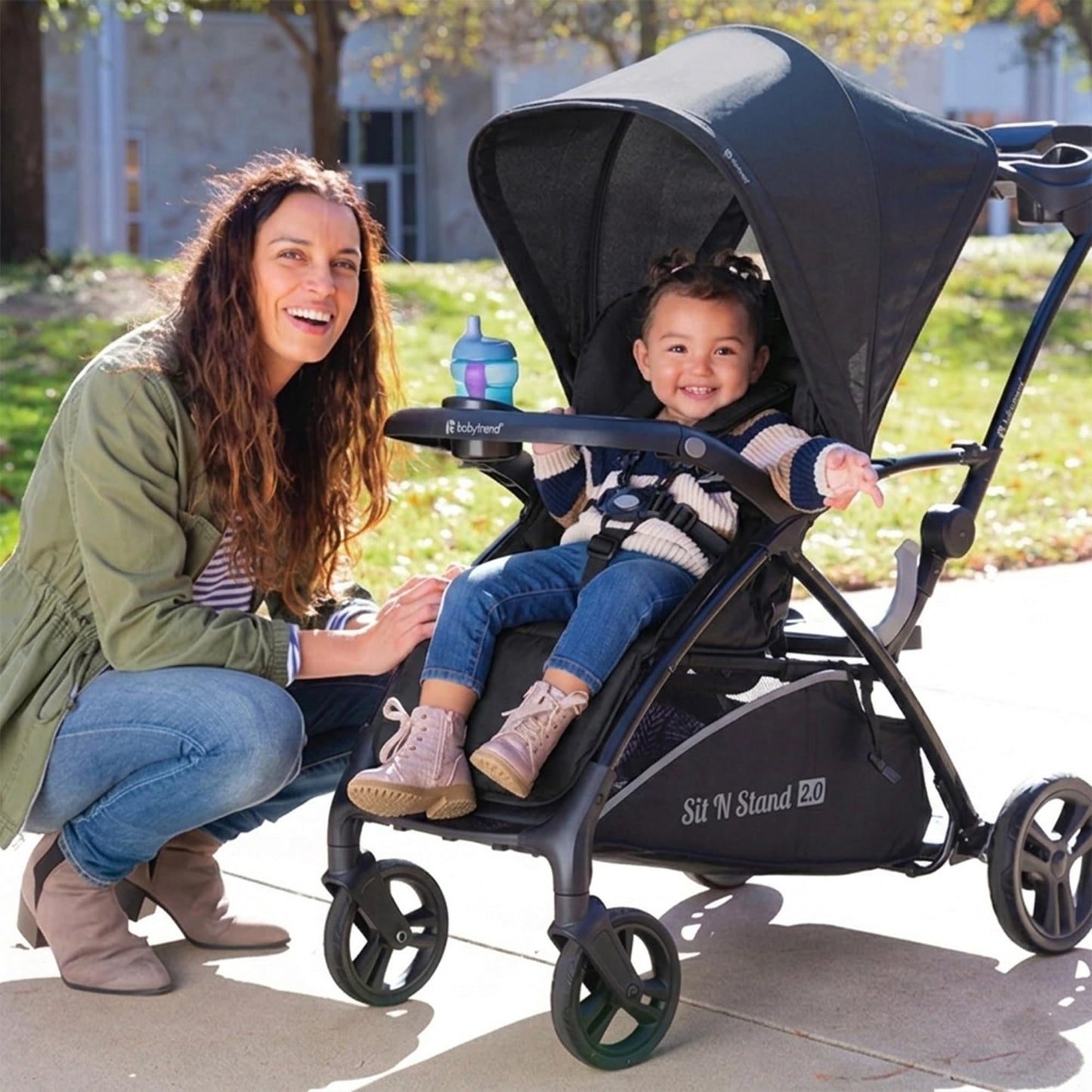 Baby Trend Sit N' Stand 2.0, 5-in-1 Collapsible Sit and Stand Double Stroller with Bench and Standing Board, Compact Fold, Parent Console, Simple Grey