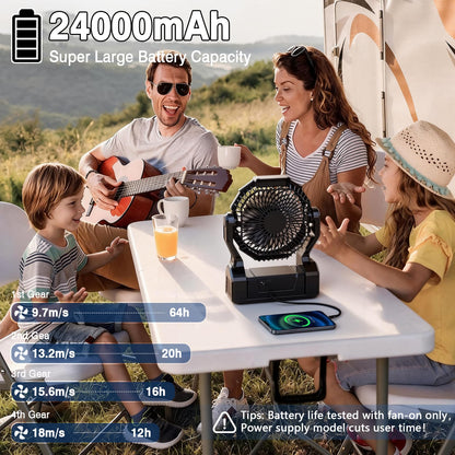 XZK 24000mAh Rechargeable Camping Fan, 64H Runtime Battery Powered Portable Travel Fan with LED Light, Tent Fans for Indoor,Outdoor,Fishing,Jobsite & Hurricane Emergency,Gifts for Men Dad Him,Black
