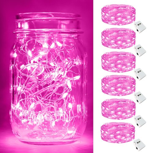 btfarm Valentine's Day 6 Pack Pink Fairy Lights Battery Operated 3 Modes, 7ft 20 Led Twinkle String Lights Waterproof, Bulk Small Mini Light for Mason Jars Christmas Vases Wedding Table Decorations