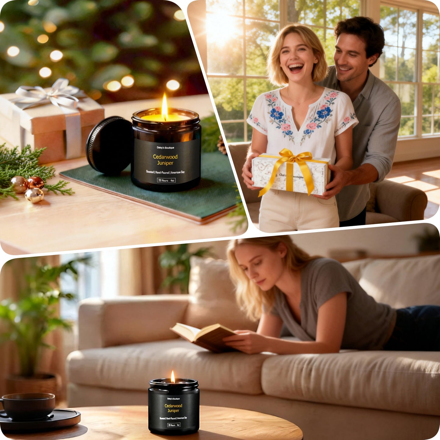 Scented Candles for Home Aromatherapy Candle Gift Present Set Soy Wax Long Lasting Gift Birthday Mother's Day Thanksgiving 3 Pack ((Sandalwood + Woody Blush + BlackCedarJuniper) Black Glass Jar)
