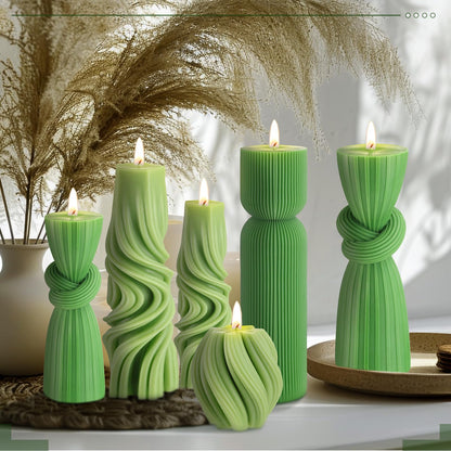 Threlaco 6 Pcs Ribbed Pillar Candles Modern Aesthetic Ribbed Decorative Candle Set Cute Soy Wax Scented Decor for Home(Green)