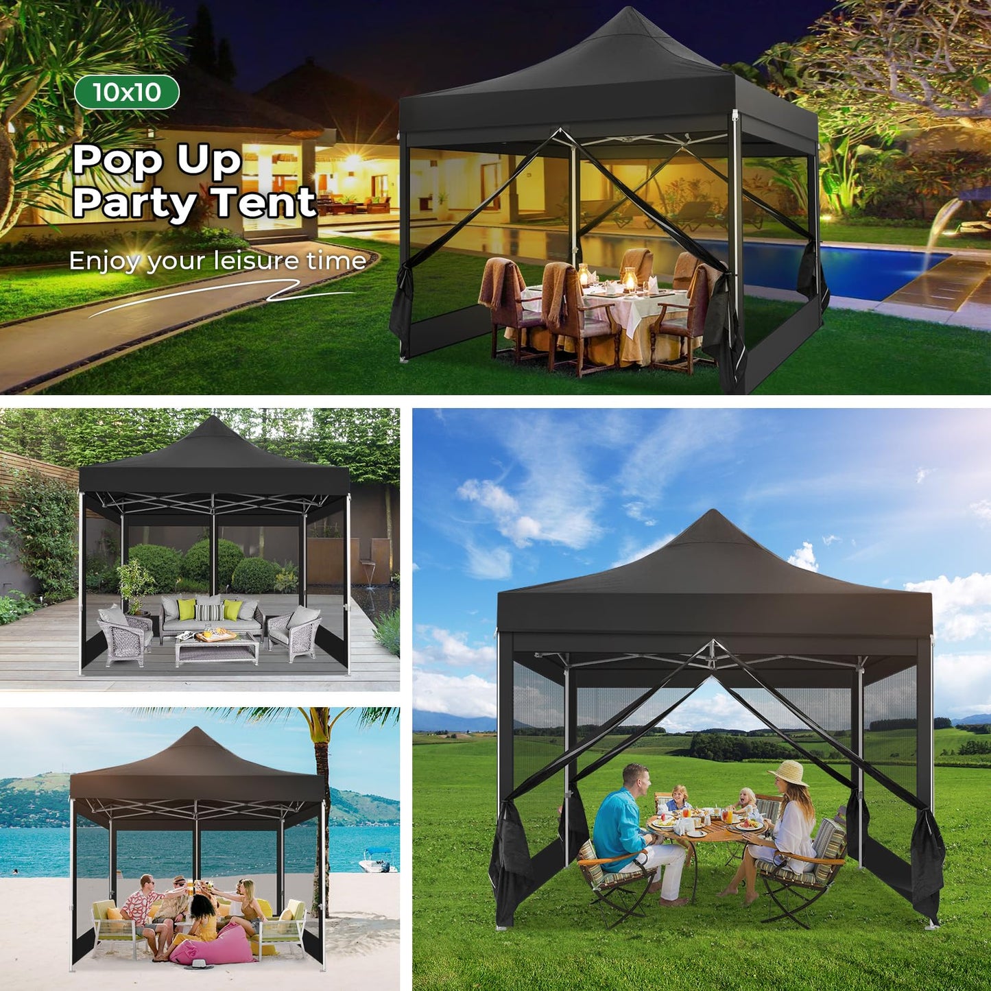 COBIZI 10x10 Heavy Duty Pop Up Canopy with 4 Mosquito Netting Wall, Easy Set Up Commercial Gazebo Party Tent, Outdoor Instant Screen Canopy for Backyard, Patio, Garden, Black