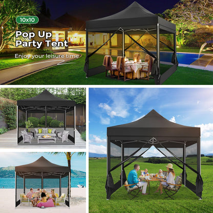 COBIZI 10x10 Heavy Duty Pop Up Canopy with 4 Mosquito Netting Wall, Easy Set Up Commercial Gazebo Party Tent, Outdoor Instant Screen Canopy for Backyard, Patio, Garden, Black