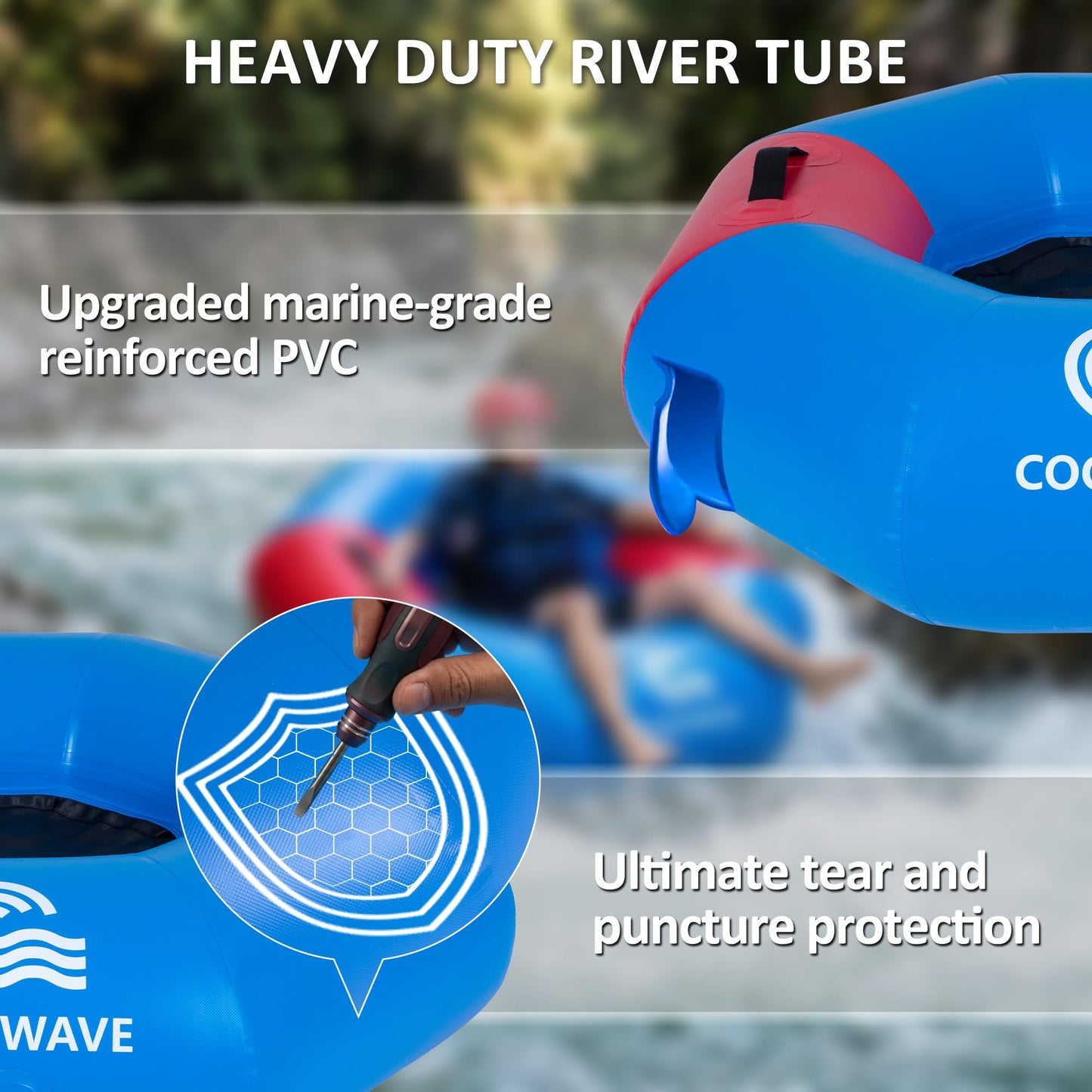 COOLWAVE Inflatable River Tube with Hand Pump, Heavy-Duty River Tubes for Floating, 43" Floating Tube with Mesh Seat for River, Lake, and Whitewater, Float Tube for Family and Friends, 300LBS Capacity