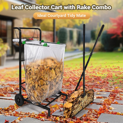 CAROD Mobile Trash Bag Holder with Storage Basket and Ergonomic Handle, Convenient Leaf Bag Cart with Leaves Grabber Rake Combo, Suitable for Leaves, Weeding, Camping, Party