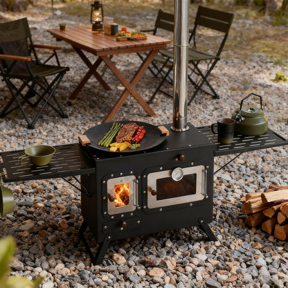 Large Outdoor Camping Cooking Stove with Oven Portable Hot Tent Stove with Pellet Bin Burner Chimney