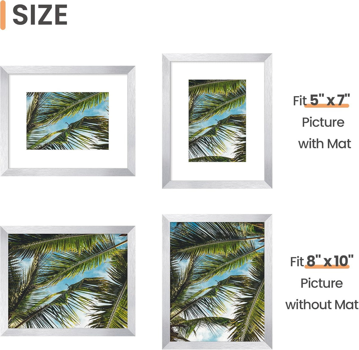 Upsimples 8x10 Picture Frame - Versatile Display for 5x7 Photos with Mat or 8x10 Without - Silver, 1 Pack