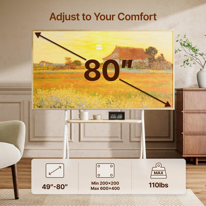 ECOTINY Rolling Easel TV Stand for 49–80 Inch TVs, Mobile TV Cart with Lockable Wheels, Height Adjustable Floor Stand with Wood Shelves and Cable Management, VESA 600x400, White