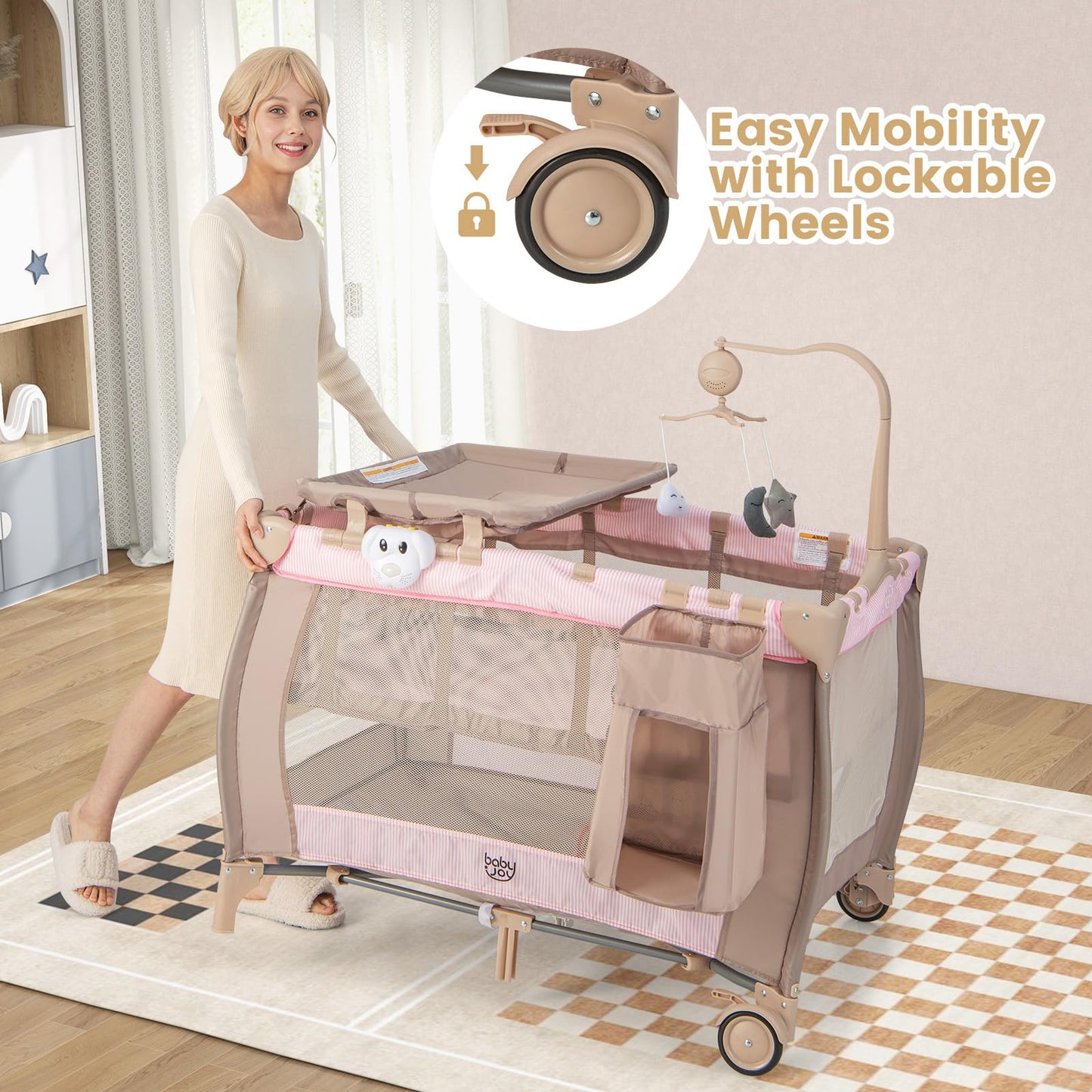 Costzon 3 in 1 Pink Pack and Play with Bassinet, Portable Baby Playard with Changing Table, Music Box, Hangings, Wheels/Brake, Basket, Foldable Infant Pink Bassinet Crib for Baby Girl Toddlers