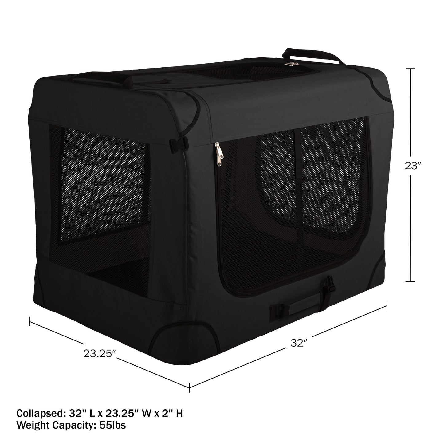 Soft Dog Crate - 32x23.25x23 Collapsible Dog Crate for Medium Pets - Portable Travel Pet Crate with 3 Doors, Mesh Windows, and Removable Divider - Travel Accessories by PETMAKER (Black)