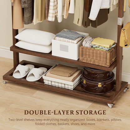 Wamhom Solid Wood Clothes Rack with Wheels | 3-in-1 Freestanding Garment Rack & Coat Tree, Extra-Long Rod, Two Shelves, 220 lb Load | Organizer for Bedroom & Entryway